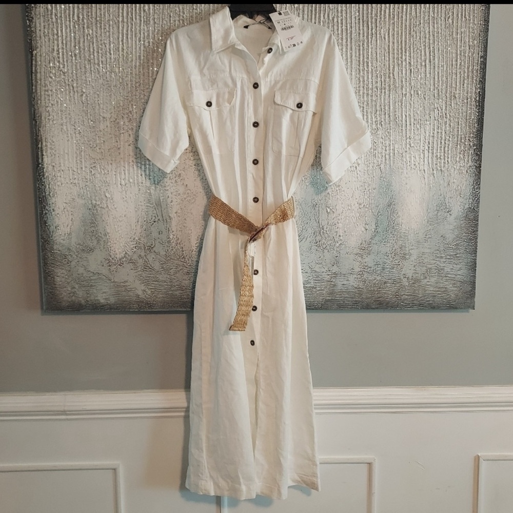 ✨ ZARA Linen Blend Belted Midi Shirt Dress – Size XL ✨ - Picture 3 of 8